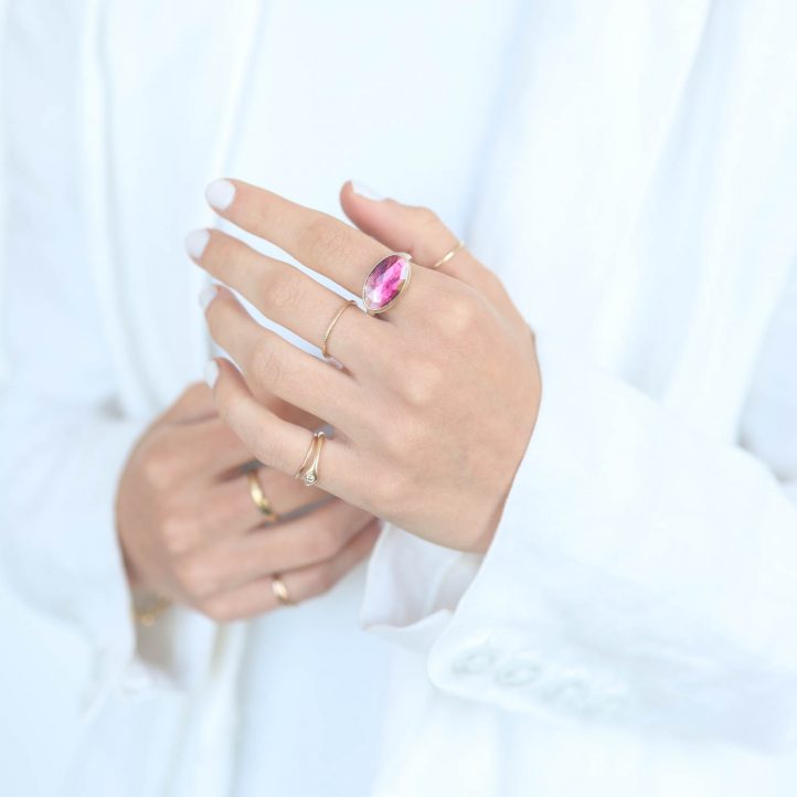 Jamie Joseph: Sterling & 14K Gold Ring w/ Small Asymmetrical Rose Cut PINK TOURMALINE on Middle Organic Band, sz 7.25, 3/8" x 11/16"