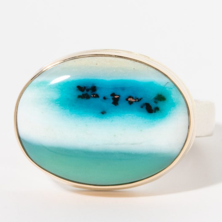 Jamie Joseph: Sterling & 14K gold ring w/Oval Smooth Indonesian Opalized Wood on Y band 9/16" x 3/4" 9