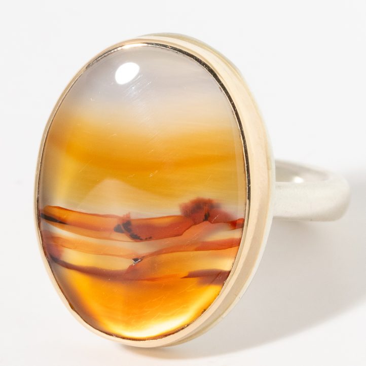 Jamie Joseph:Sterling & 14K Gold Ring w/ Vertical Oval LANDSCAPEAGATE on Egyptian Band,SZ 7,13/16 x 9/16
