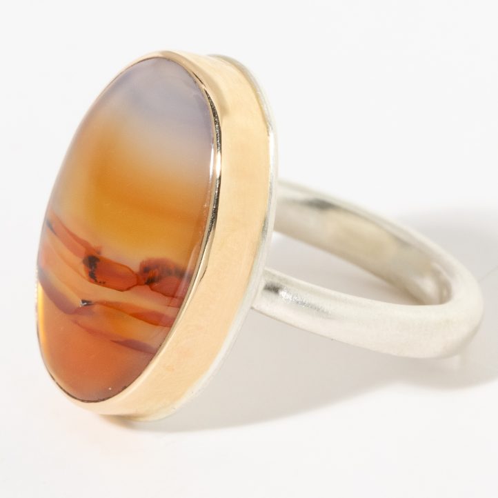 Jamie Joseph:Sterling & 14K Gold Ring w/ Vertical Oval LANDSCAPEAGATE on Egyptian Band,SZ 7,13/16 x 9/16