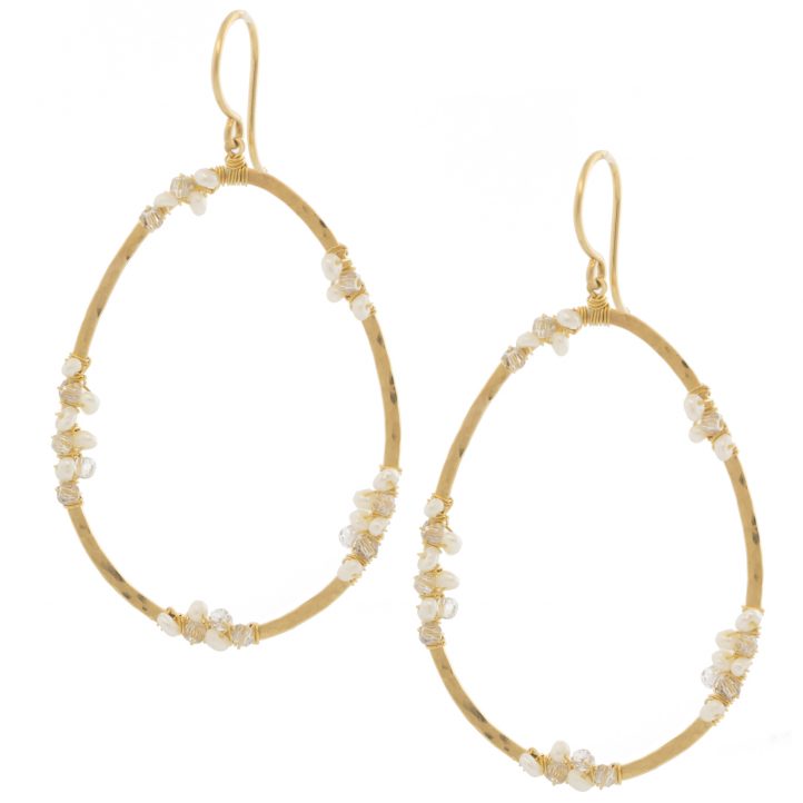 Dana Kellin: Earrings, White Pearl + Clear Crystal Mix, Gold Fill, Large Open Teardrop w/ Bead Clusters