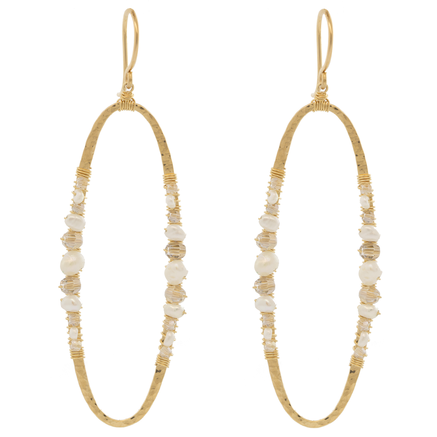 Dana Kellin: Earrings, White Pearl + Clear Crystal Mix, Gold Fill, Elliptical w/ Bead Clusters