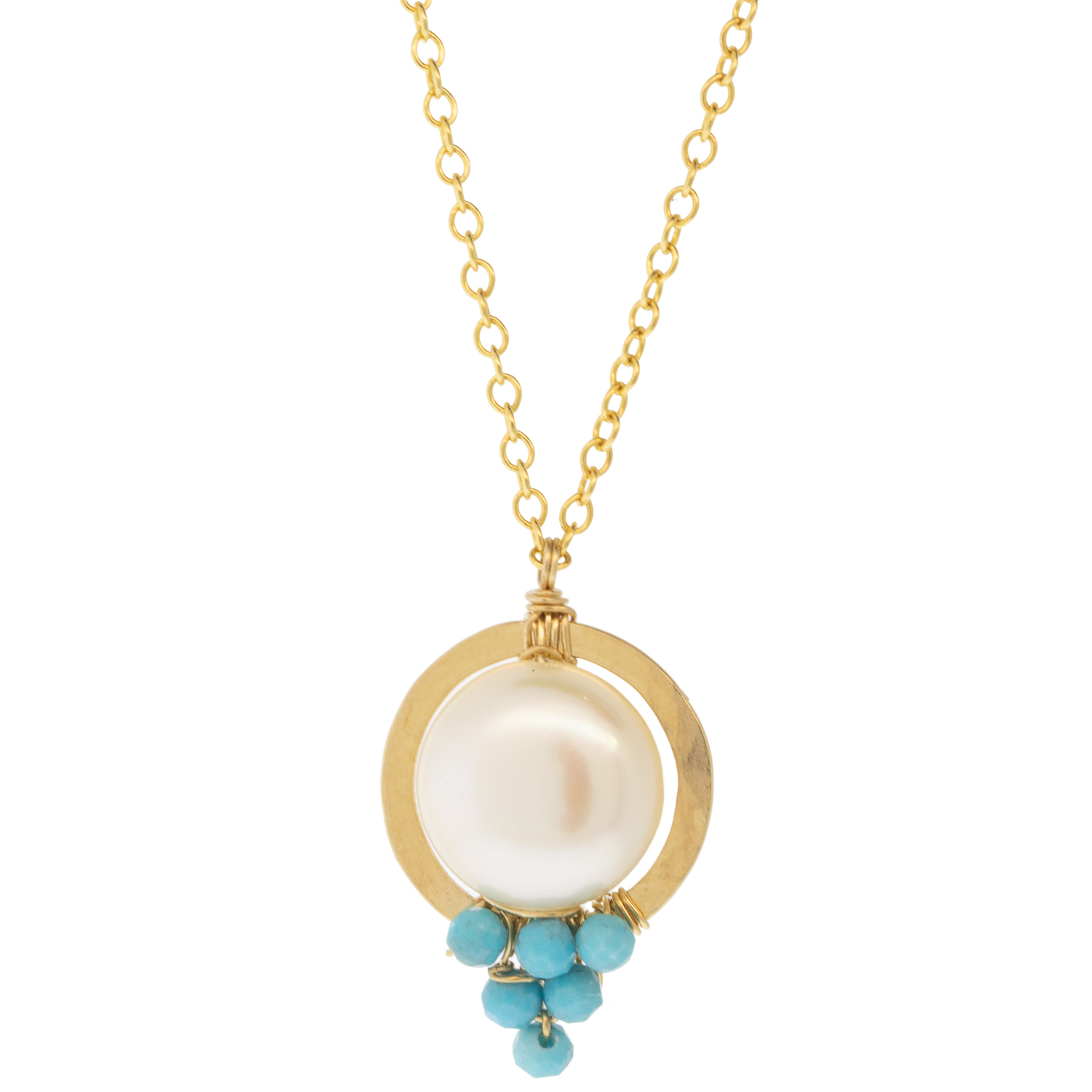 Dana Kellin: Necklace, Pearl Pendant w/ Turquoise Beads, Gold Fill
