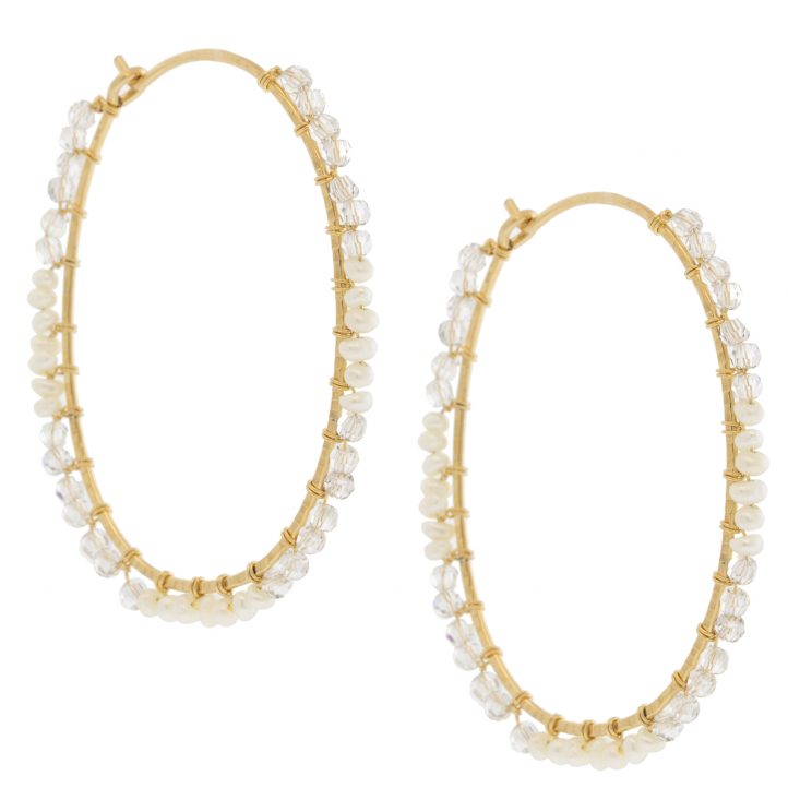 Dana Kellin: Earrings, White Pearl and Clear Crystal, Gold Fill Hoops