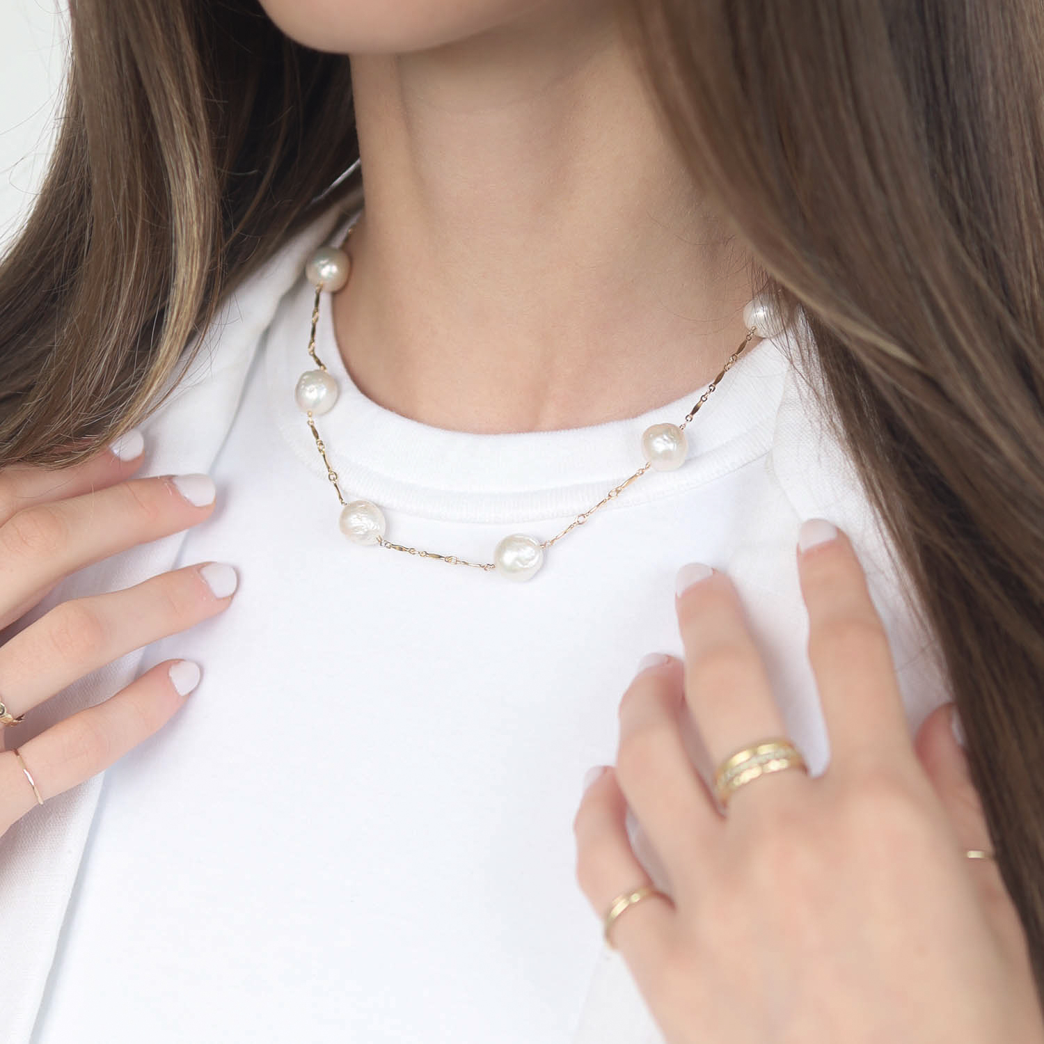 Dana Kellin: Necklace, Seven Pearls, Gold Fill