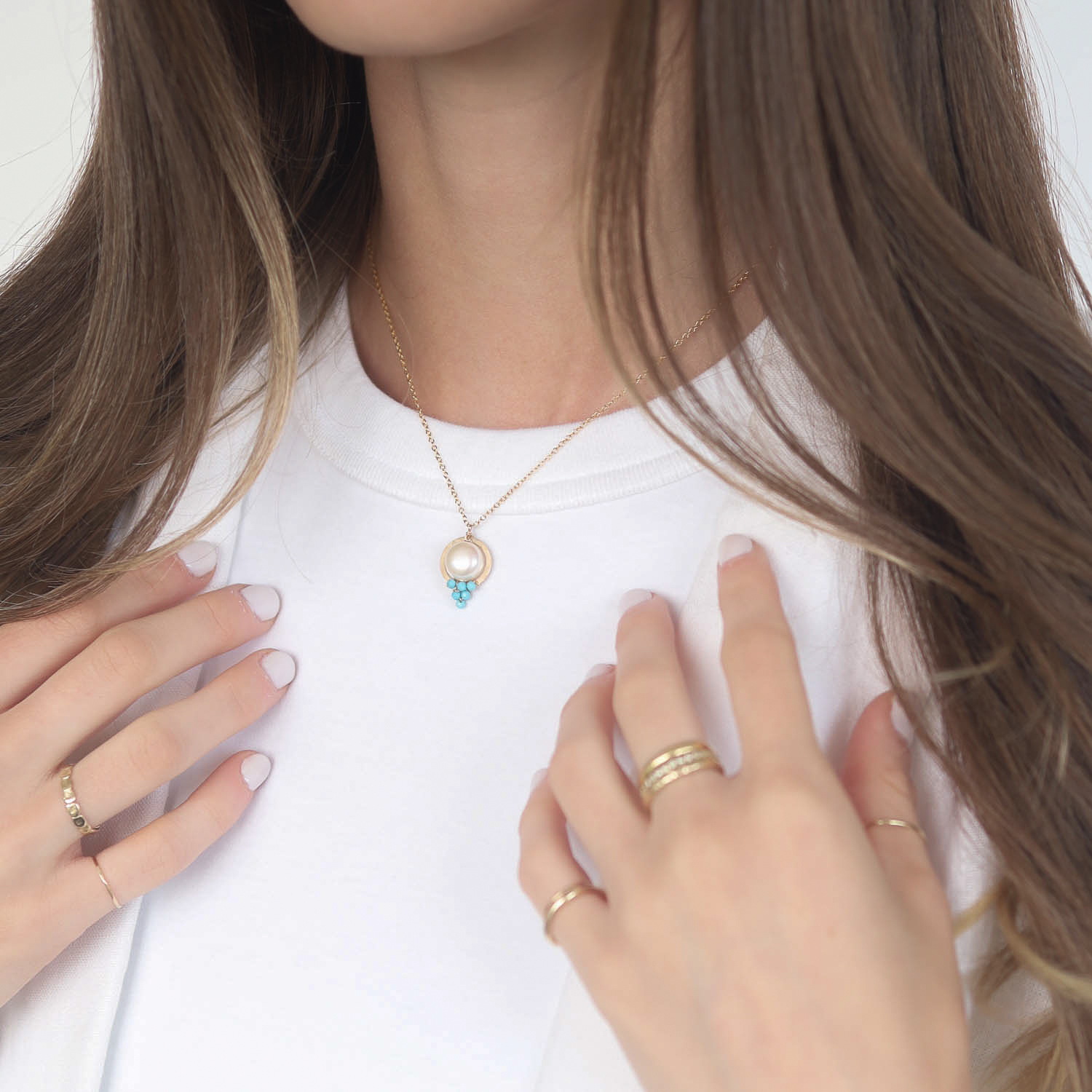 Dana Kellin: Necklace, Pearl Pendant w/ Turquoise Beads, Gold Fill