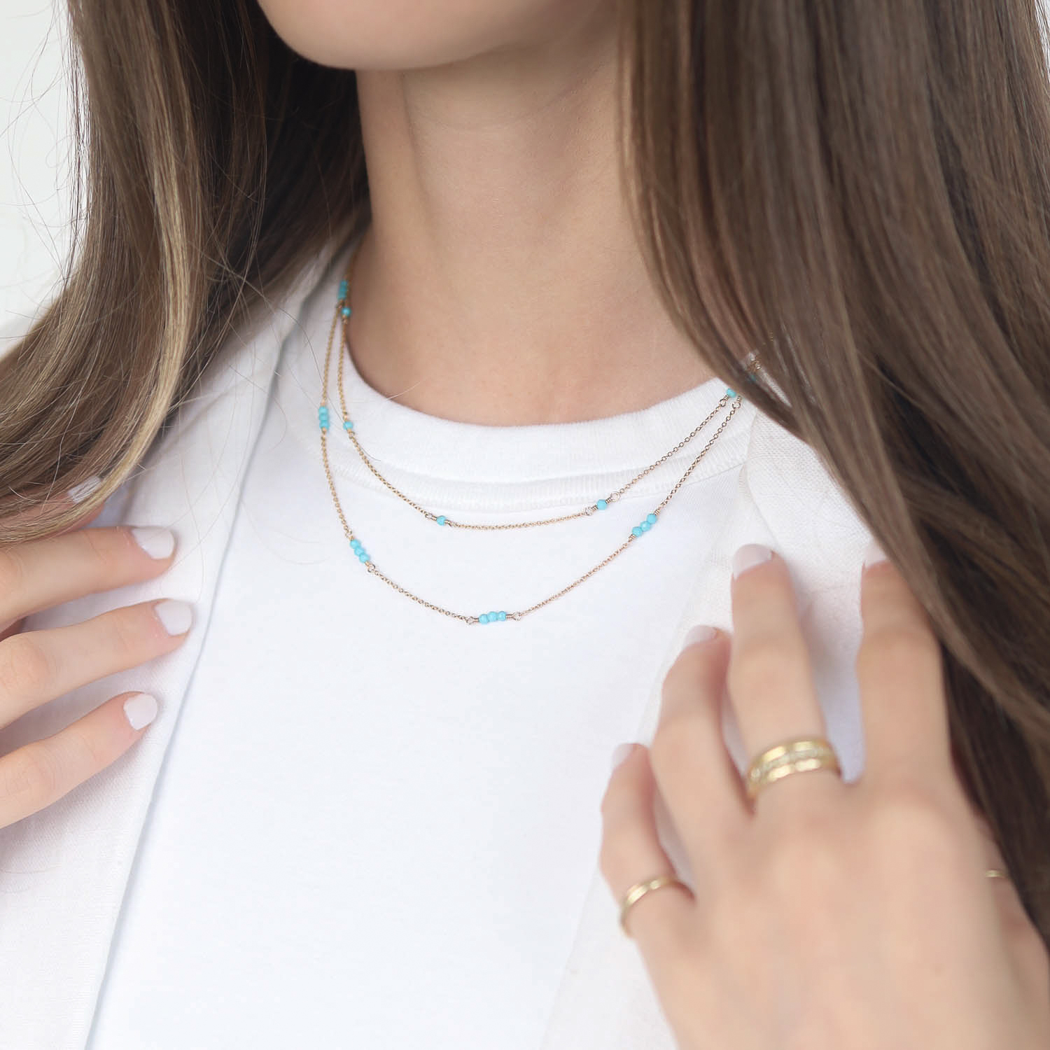 Dana Kellin: Double Strand GF Turquoise Station Necklace, Measures 16 1/4 Overall Length