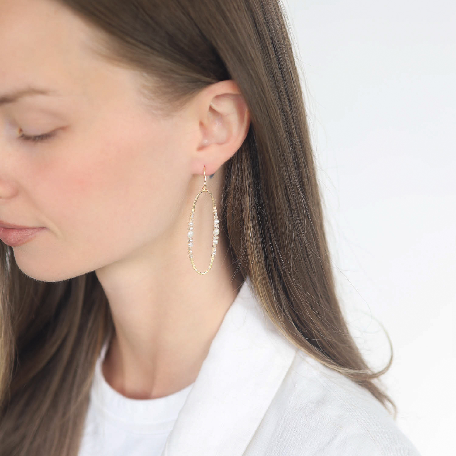 Dana Kellin: Earrings, White Pearl + Clear Crystal Mix, Gold Fill, Elliptical w/ Bead Clusters