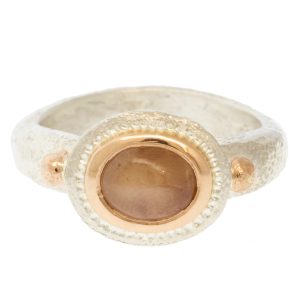 Alison Shiboski:Ring,SS 18K & 14K Rose Gold Orange Cabochon Sapphire 2.4cts,sz 6