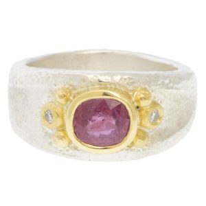 Alison Shiboski:ss 18k 1.18ct Pink Sapphire 2 diamond ring,0.03tcw,sz 6