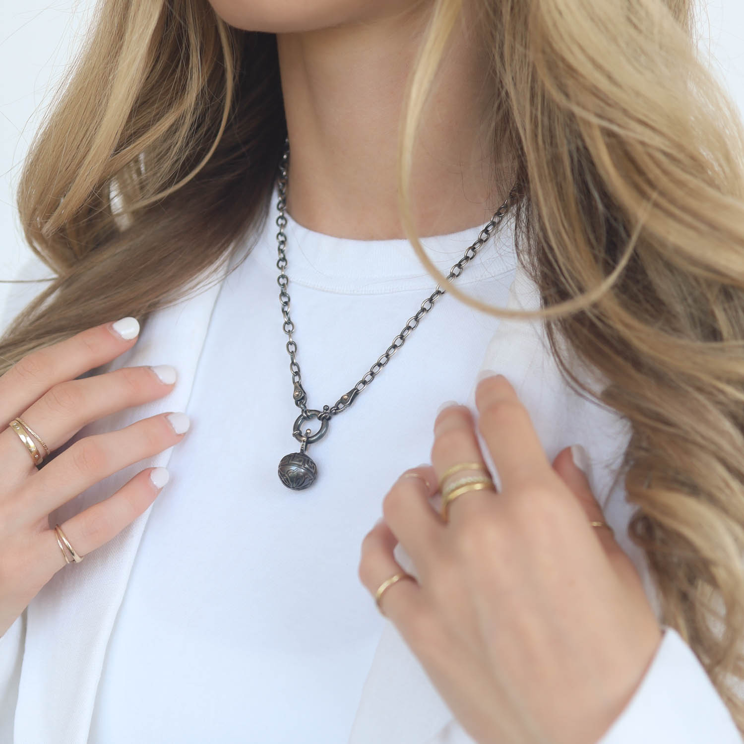 Alison Shiboski:SS 14K Necklace with carved Tahitian pearl(#2115-B IS necklace is $500 if sold separately)