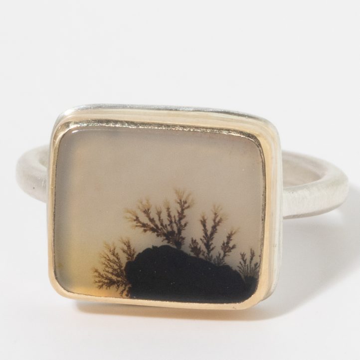 Jamie Joseph:  Sterling & 14K Gold Ring w/ Small Rectangular DENDRITIC AGATE on J Band 7/16" x 1/2" 6.5