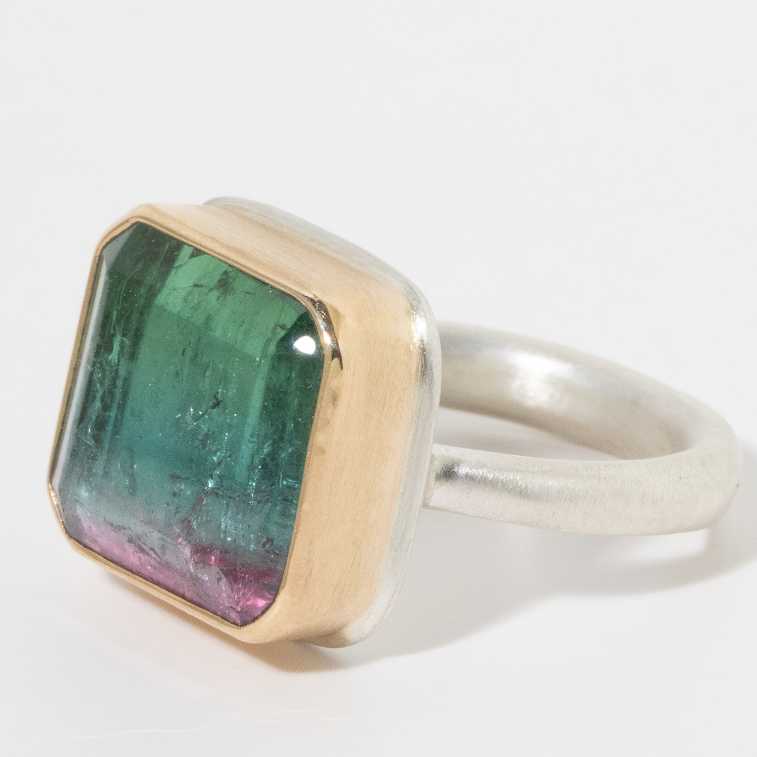 Jamie Joseph: Sterling & 14K Gold Ring w/ Rectangular Table Cut WATERMELON TOURMALINE on Egyptian Band 1/2" x 9/16" 7