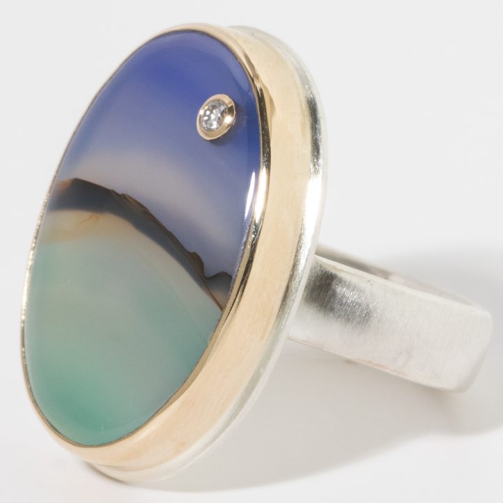 Jamie Joseph:Sterling & 14K Gold Ring w/ Vertical Oval LANDSCAPEAGATE & .03 ct Diamond on Live Edge Band,sz 7.25,15/16 x 11/16