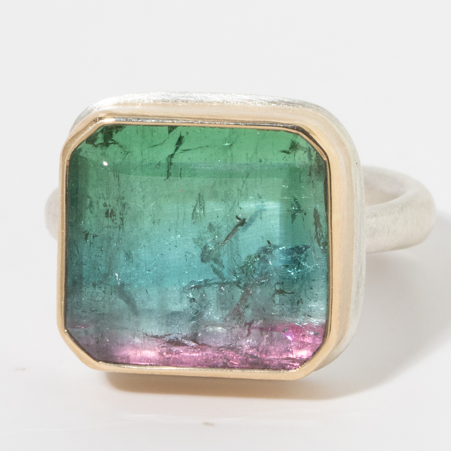 Jamie Joseph: Sterling & 14K Gold Ring w/ Rectangular Table Cut WATERMELON TOURMALINE on Egyptian Band 1/2" x 9/16" 7