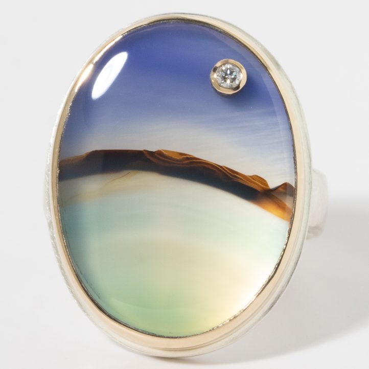 Jamie Joseph:Sterling & 14K Gold Ring w/ Vertical Oval LANDSCAPEAGATE & .03 ct Diamond on Live Edge Band,sz 7.25,15/16 x 11/16