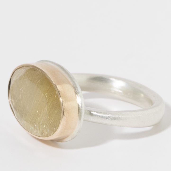 Jamie Joseph: Sterling & 14K Gold Ring, Oval Table Up RUTILATED QUARTZ on Egyptian Band size 7, 7/16" x 11/16"