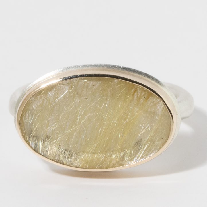 Jamie Joseph: Sterling & 14K Gold Ring, Oval Table Up RUTILATED QUARTZ on Egyptian Band size 7, 7/16" x 11/16"