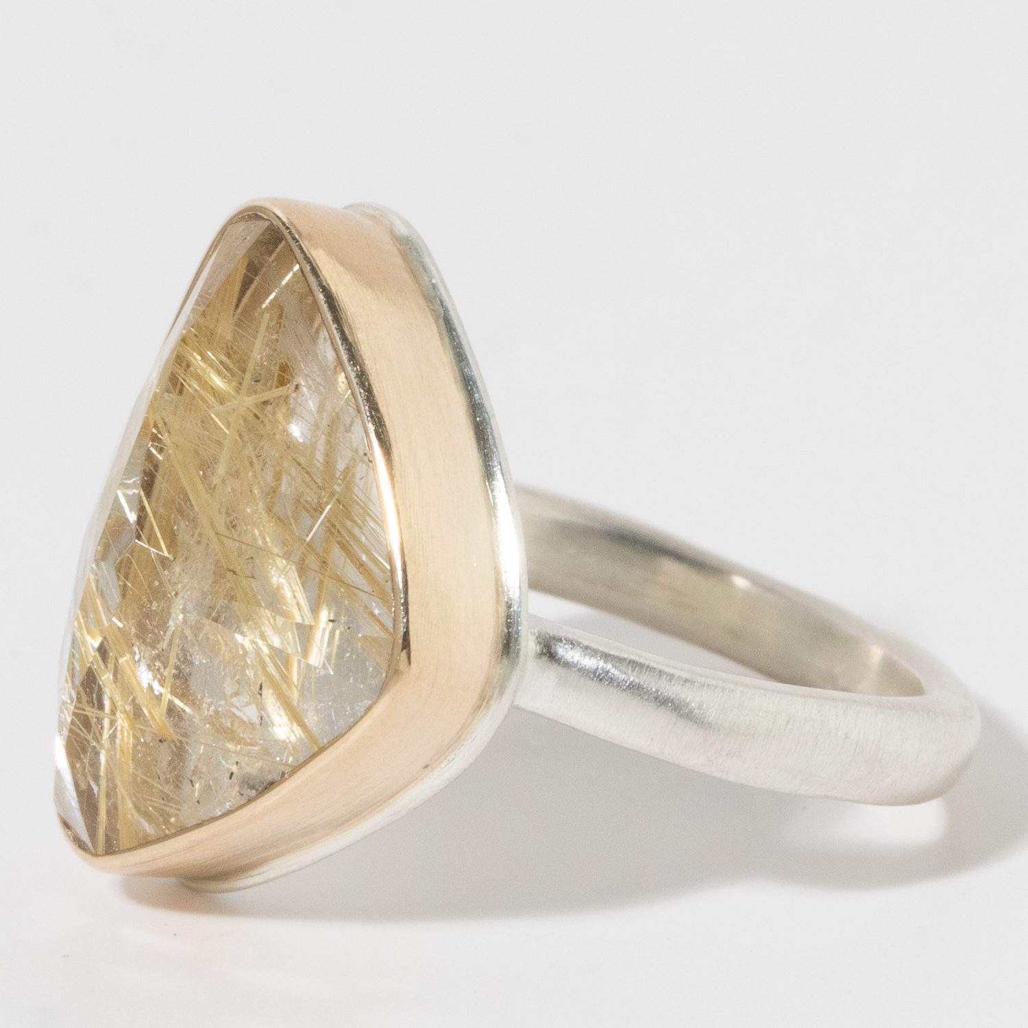 Jamie Joseph: Sterling & 14K Gold Ring, Vertical Asymmetrical Inverted GOLDEN RUTILATED QUARTZ on Middle Organic Band size 7.25 3/4" x 1/2"