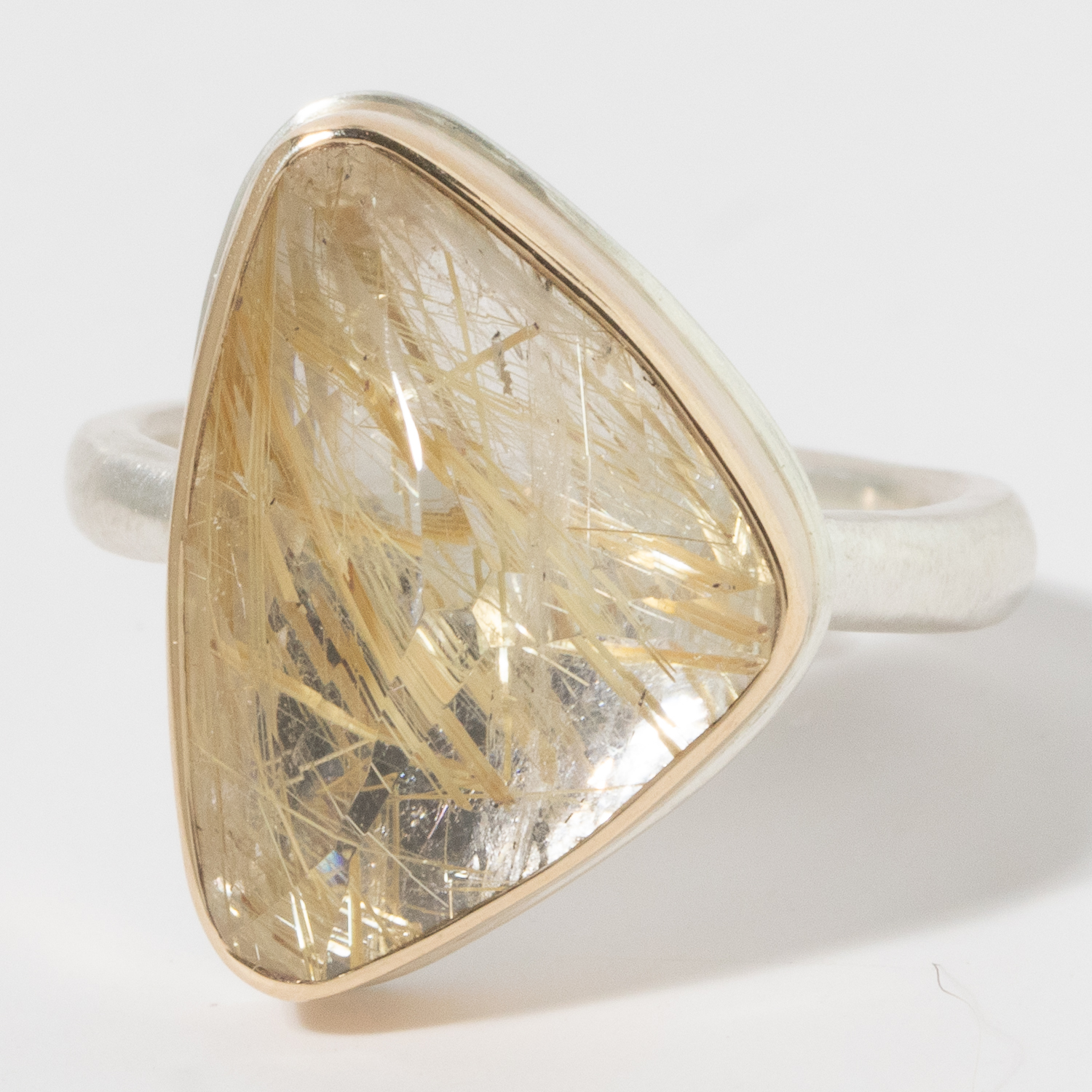 Jamie Joseph: Sterling & 14K Gold Ring, Vertical Asymmetrical Inverted GOLDEN RUTILATED QUARTZ on Middle Organic Band size 7.25 3/4" x 1/2"