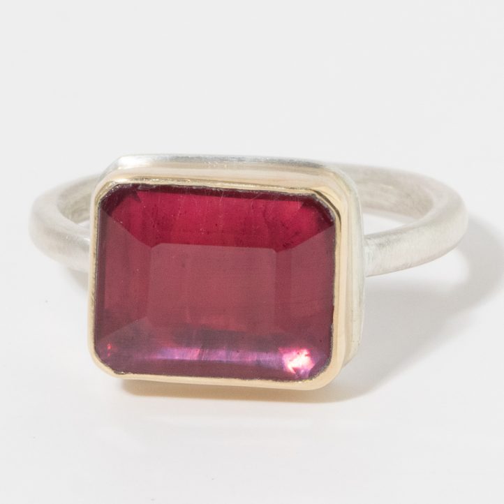 Jamie Joseph: Sterling & 14K Gold Ring, Small Rectangular Inverted AFRICAN RUBY on J Band size 6.25 3/8" x 7/16"