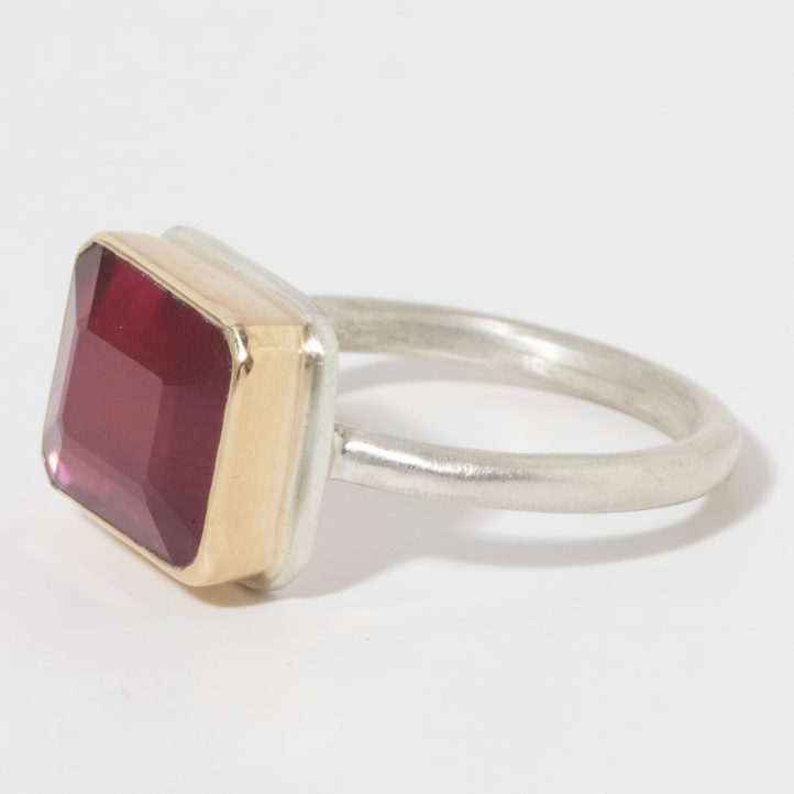 Jamie Joseph: Sterling & 14K Gold Ring, Small Rectangular Inverted AFRICAN RUBY on J Band size 6.25 3/8" x 7/16"