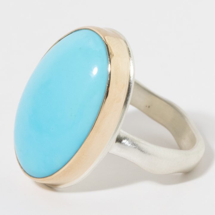 Jamie Joseph: Sterling & 14K Gold Ring, Vertical Oval Smooth SLEEPING BEAUTY TURQUOISE on Middle Groovy Band size 7.5, 13/16" x 9/16"