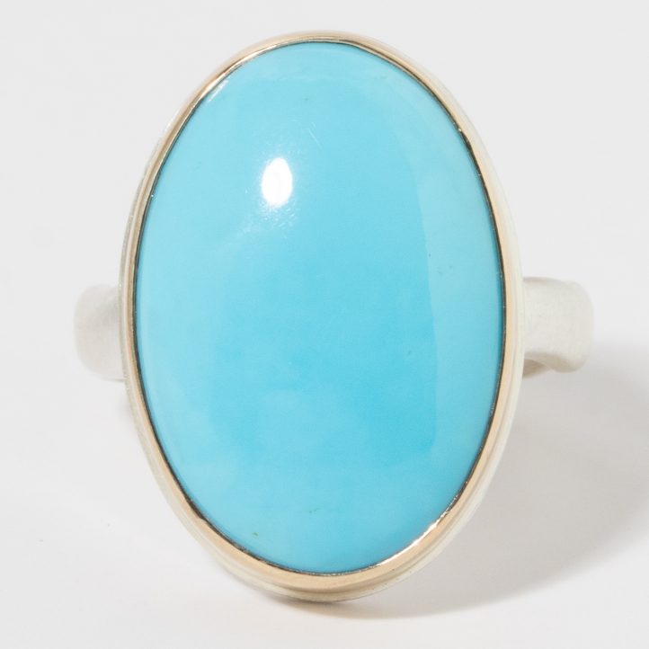 Jamie Joseph: Sterling & 14K Gold Ring, Vertical Oval Smooth SLEEPING BEAUTY TURQUOISE on Middle Groovy Band size 7.5, 13/16" x 9/16"