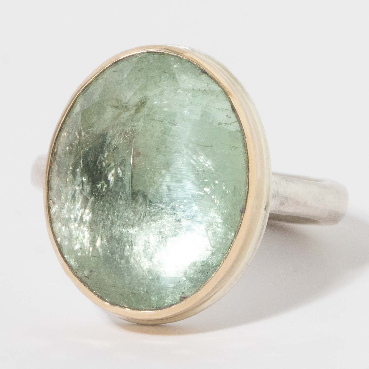 Jamie Joseph: Sterling & 14K Gold Ring, Vertical Oval Inverted GREEN TOURMALINE on Egyptian Band size 7.75, 11/16" 1/2"