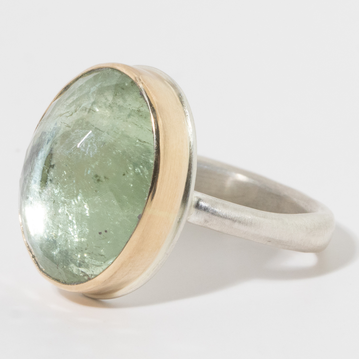 Jamie Joseph: Sterling & 14K Gold Ring, Vertical Oval Inverted GREEN TOURMALINE on Egyptian Band size 7.75, 11/16" 1/2"