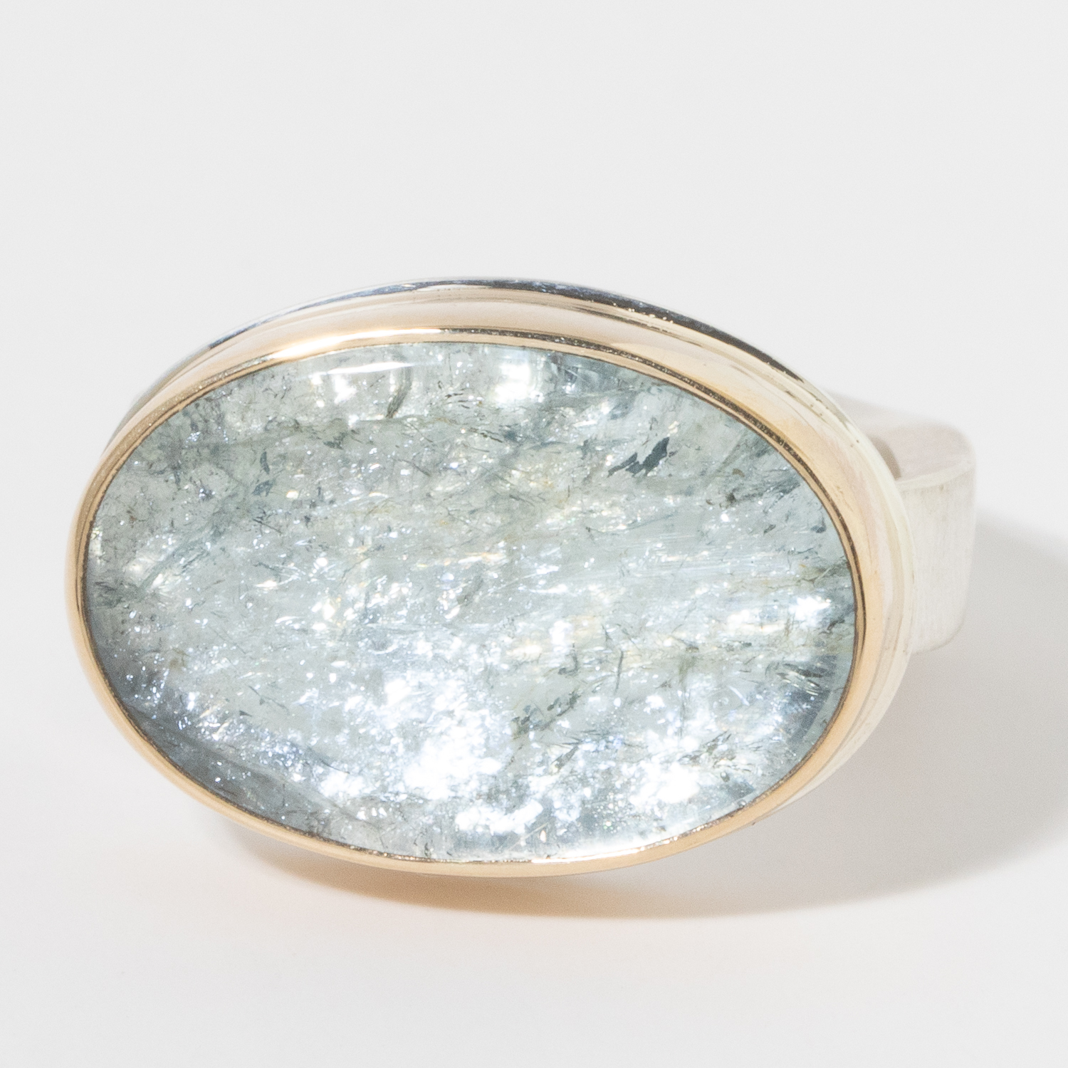 Jamie Joseph: Sterling & 14K Gold Ring, Oval Smooth AQUAMARINE, Live Edge Band size 7.75, 1/2" x 3/4"