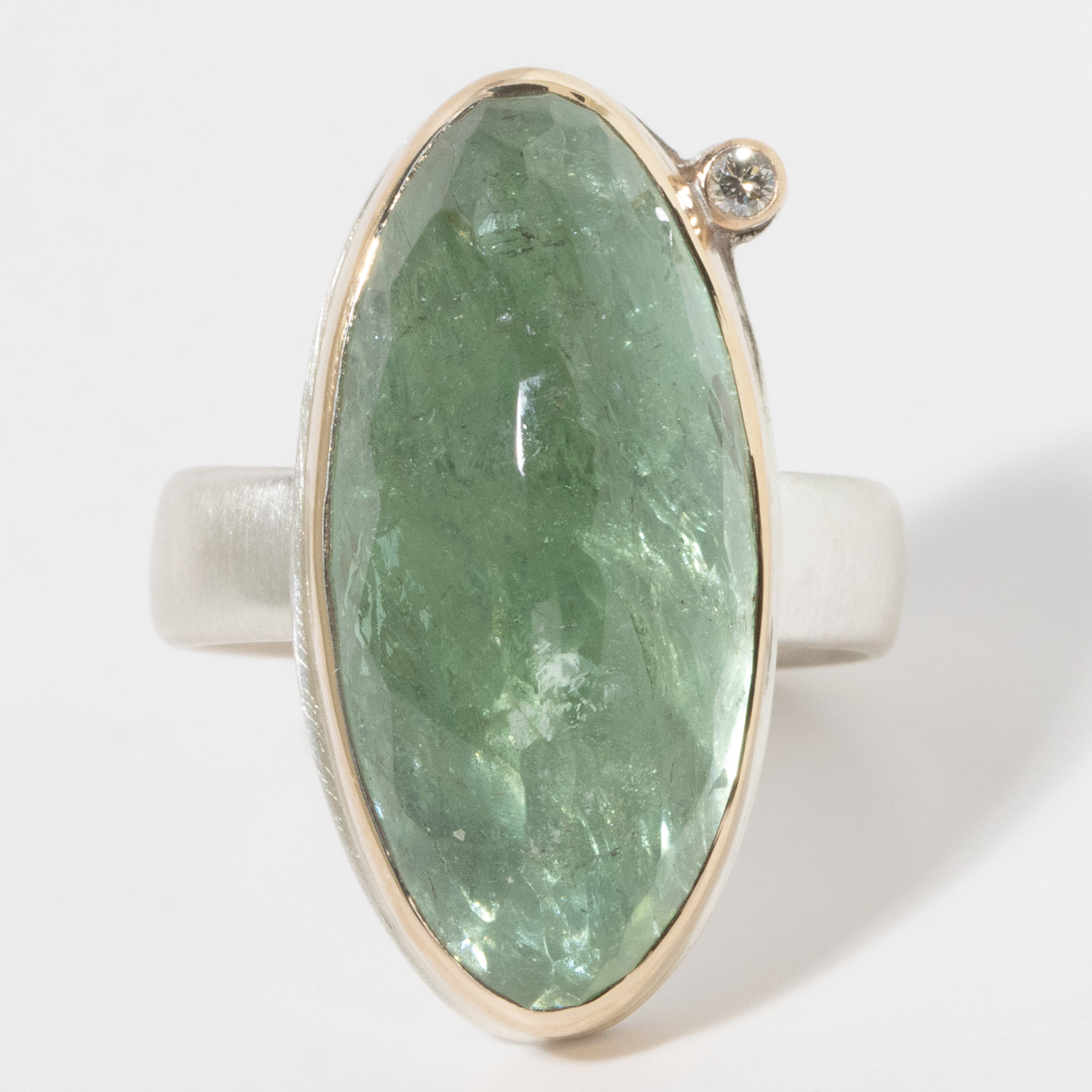 Jamie Joseph: Sterling & 14K Gold Ring, Vertical Asymmetrical Inverted GREEN BERYL, .03 CT Satellite Diamond, Comfort Band size 8, 1" x 7/16"