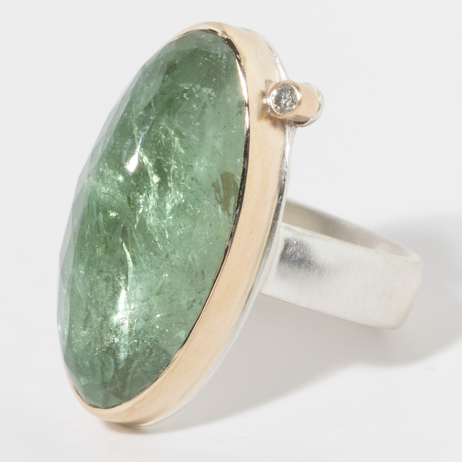 Jamie Joseph: Sterling & 14K Gold Ring, Vertical Asymmetrical Inverted GREEN BERYL, .03 CT Satellite Diamond, Comfort Band size 8, 1" x 7/16"