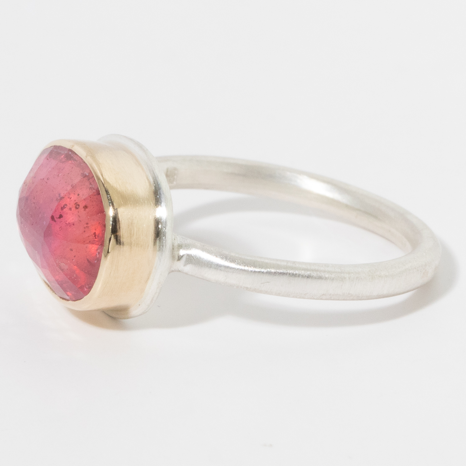 Jamie Joseph: Sterling & 14K Gold Ring, Tiny Oval Inverted AFRICAN RUBY, Thin J Band size 6.5 5/16" x 7/16"