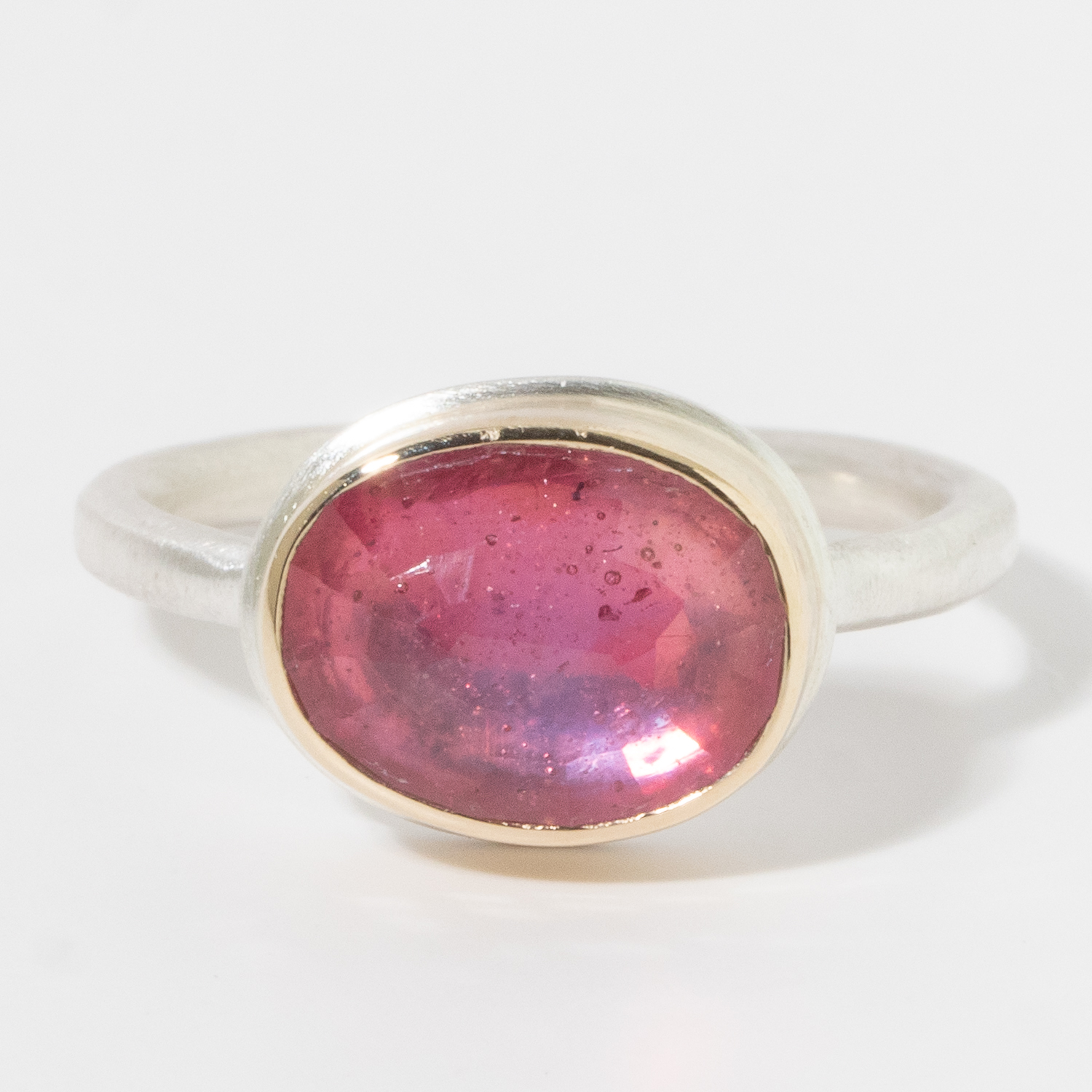 Jamie Joseph: Sterling & 14K Gold Ring, Tiny Oval Inverted AFRICAN RUBY, Thin J Band size 6.5 5/16" x 7/16"