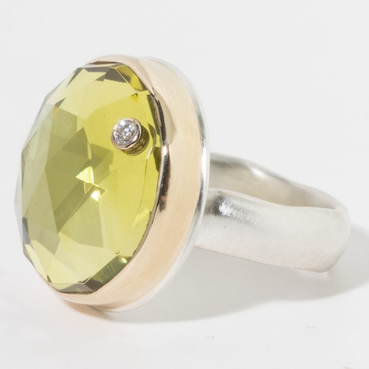 Jamie Joseph: Sterling & 14K Gold Ring, Round Rose Cut LEMON QUARTZ, .03 ct Diamond, Groovy Band size 8, 3/4" diameter
