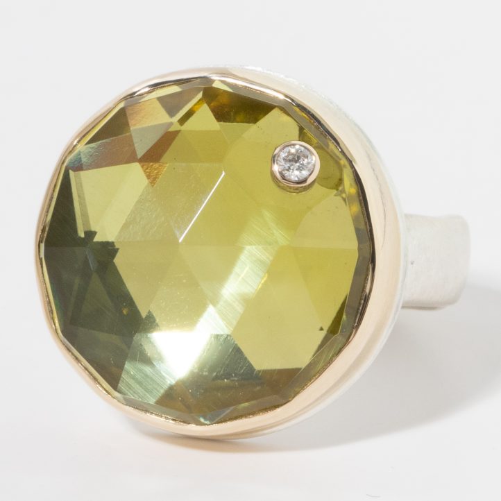 Jamie Joseph: Sterling & 14K Gold Ring, Round Rose Cut LEMON QUARTZ, .03 ct Diamond, Groovy Band size 8, 3/4" diameter