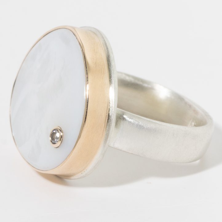 Jamie Joseph: Sterling & 14K Gold Ring, Asymmetrical Smooth MOTHER OF PEARL, .03ct Diamond, Comfort Band size 8.5 11/16" x 11/16"