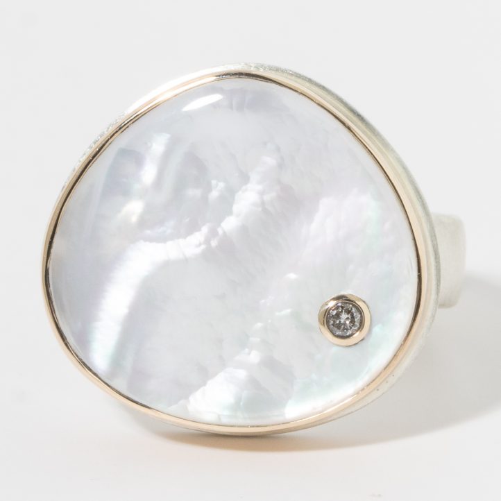 Jamie Joseph: Sterling & 14K Gold Ring, Asymmetrical Smooth MOTHER OF PEARL, .03ct Diamond, Comfort Band size 8.5 11/16" x 11/16"
