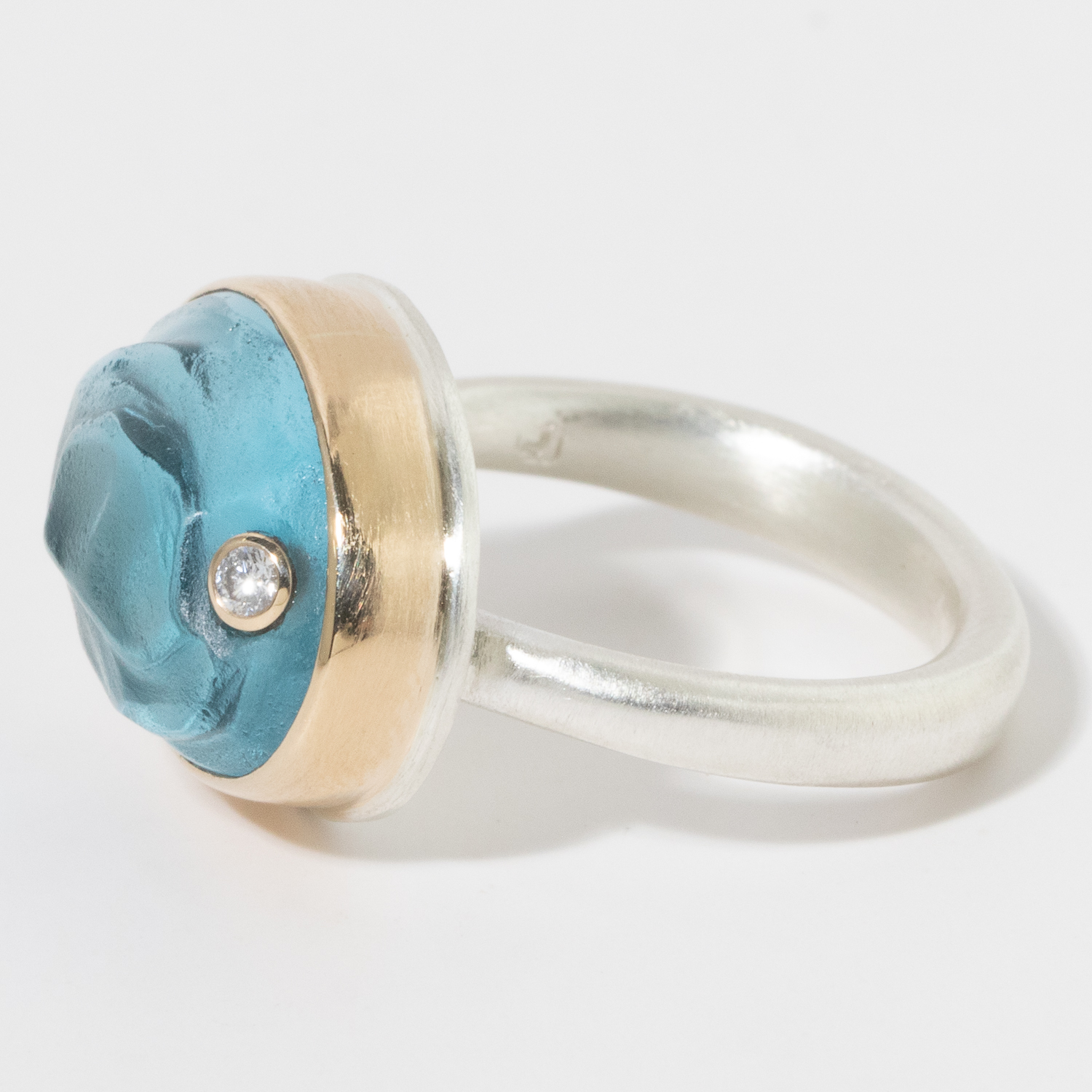 Jamie Joseph: Sterling & 14K Gold Ring, Oval Glacier Cut SKY BLUE TOPAZ, Diamond .03ct, Egyptian Band size 7, 1/2" x 11/16"