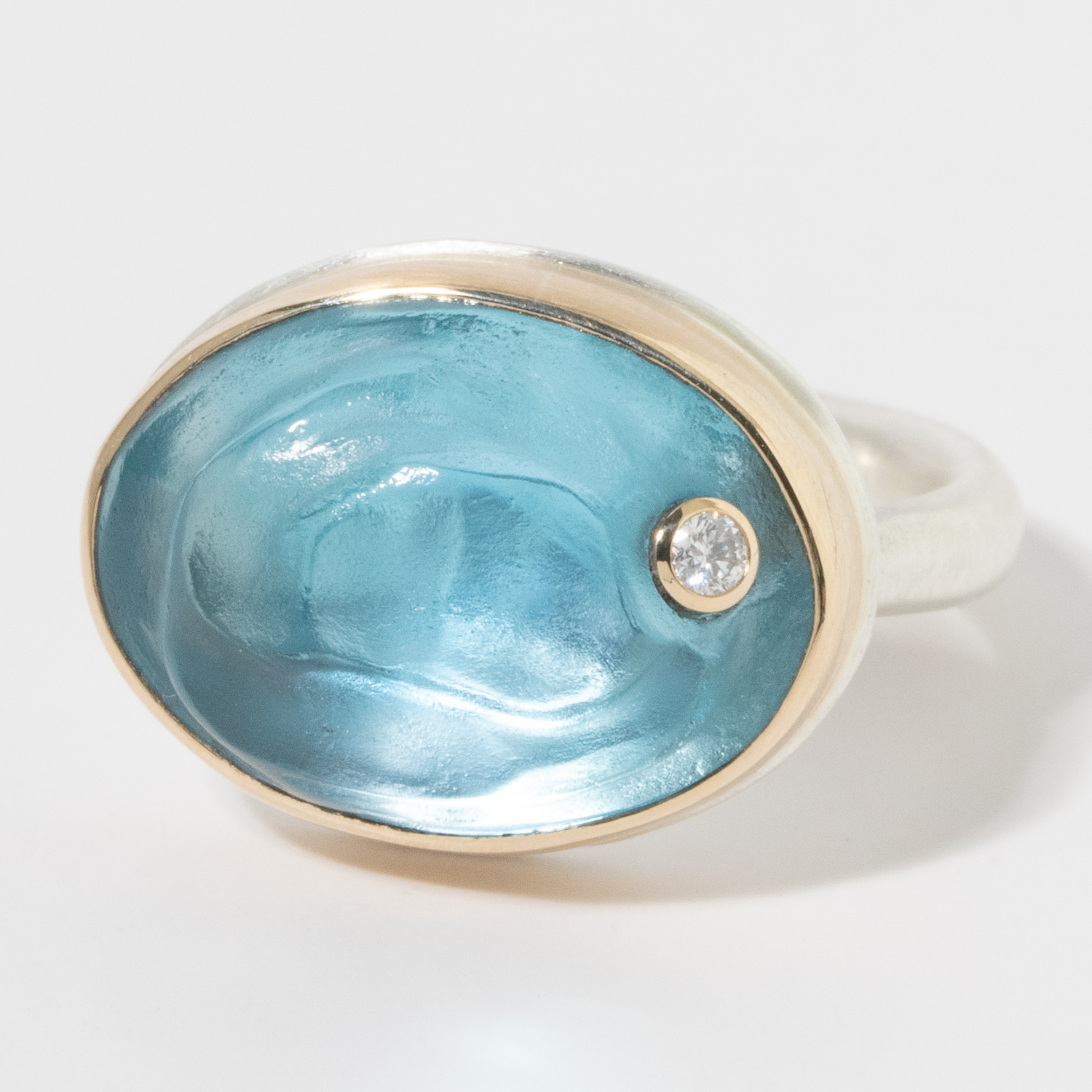 Jamie Joseph: Sterling & 14K Gold Ring, Oval Glacier Cut SKY BLUE TOPAZ, Diamond .03ct, Egyptian Band size 7, 1/2" x 11/16"