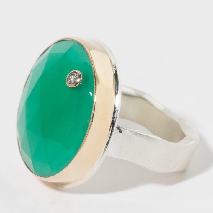Jamie Joseph: Sterling & 14K Gold Ring,  Round Rose Cut GREEN ONYX,  Diamond .03ct, Live Edge Band size 7 3/4" diameter