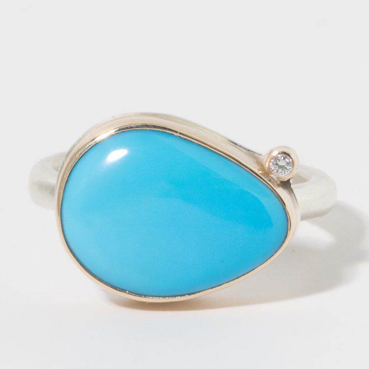 Jamie Joseph: Sterling & 14K Gold Ring, Teardroop SLEEPING BEAUTY TURQUOISE w/ Satalite Diamond, .25ct size 7.5, 7/16" x 5/8"