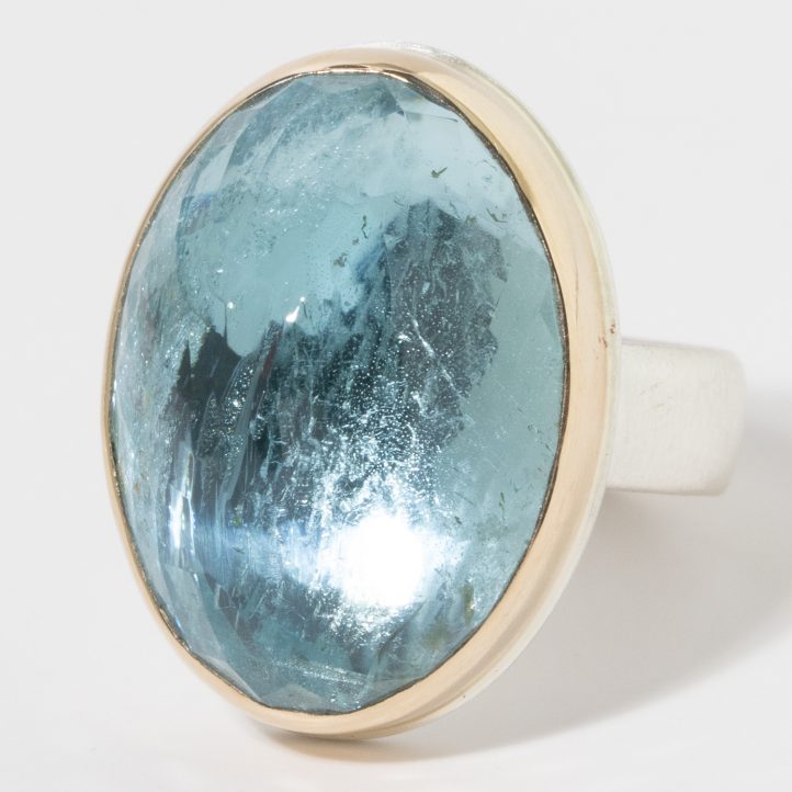 Jamie Joseph: Sterling & 14K Gold Ring,  Vertical Oval Inverted AQUAMARINE on comfort band, size 8, 7/8" x5/8"