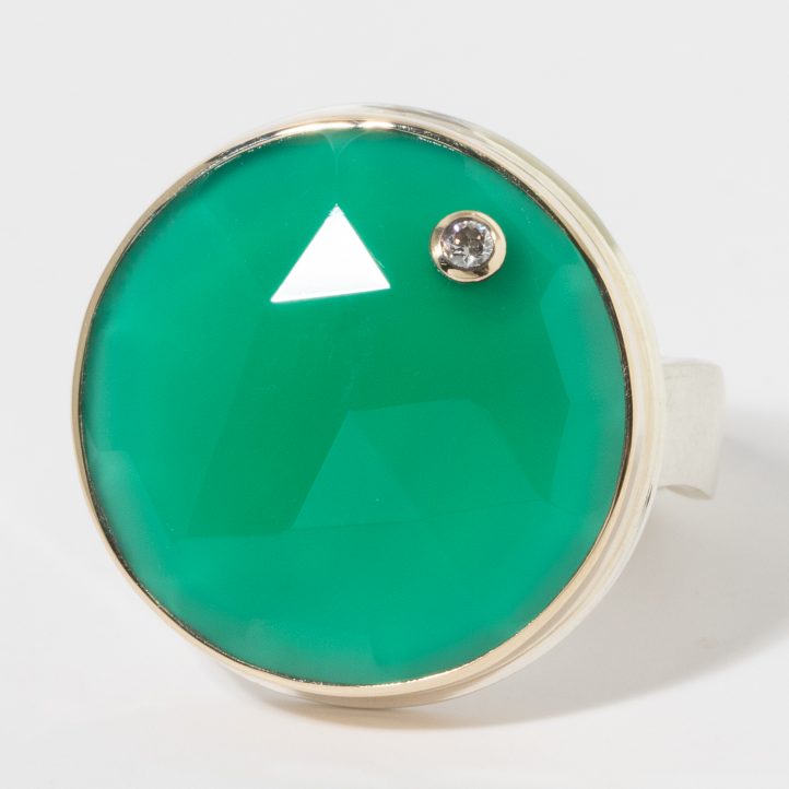 Jamie Joseph: Sterling & 14K Gold Ring,  Round Rose Cut GREEN ONYX,  Diamond .03ct, Live Edge Band size 7 3/4" diameter