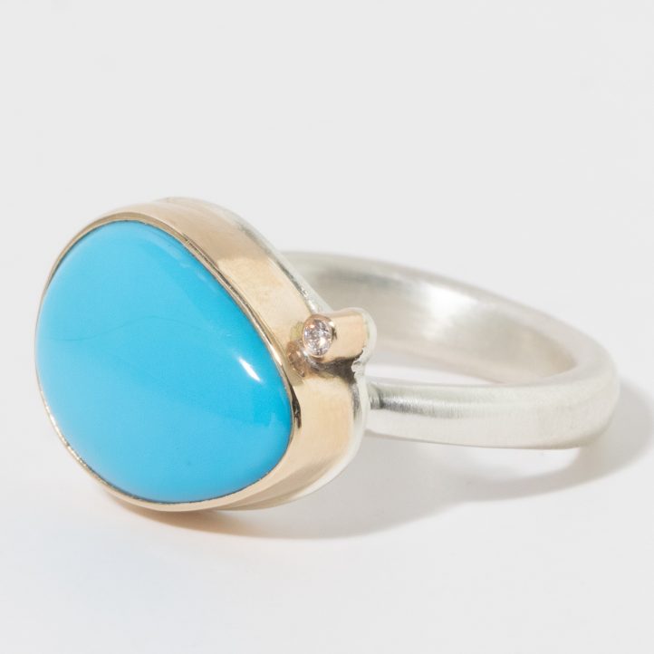 Jamie Joseph: Sterling & 14K Gold Ring, Teardroop SLEEPING BEAUTY TURQUOISE w/ Satalite Diamond, .25ct size 7.5, 7/16" x 5/8"