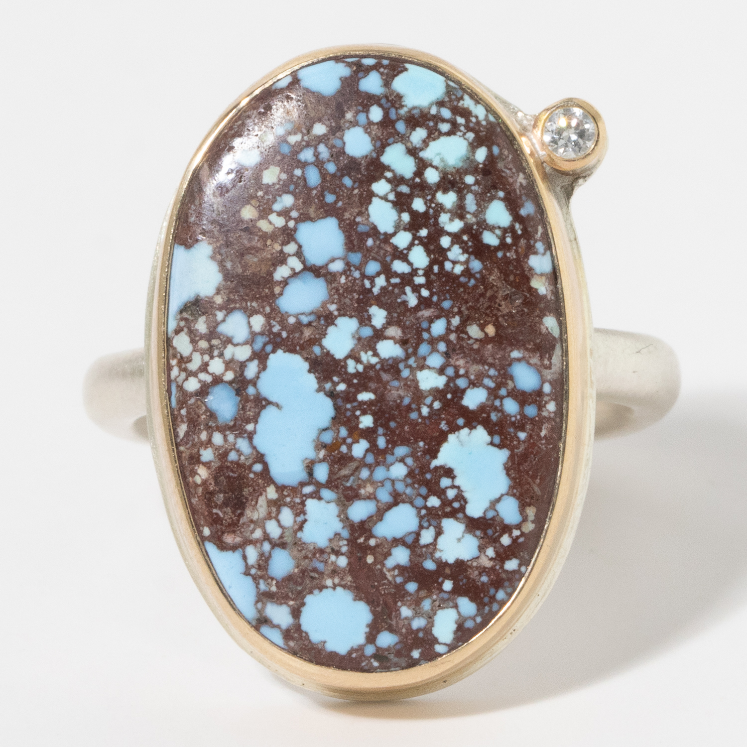 Jamie Joseph: Sterling & 14K Gold Ring w/ Vertical Oval KAZAKHSTANI TURQUOISE & .03 ct Satellite Diamond on Egyptian Band,sz sz 7,7/8 x 9/16