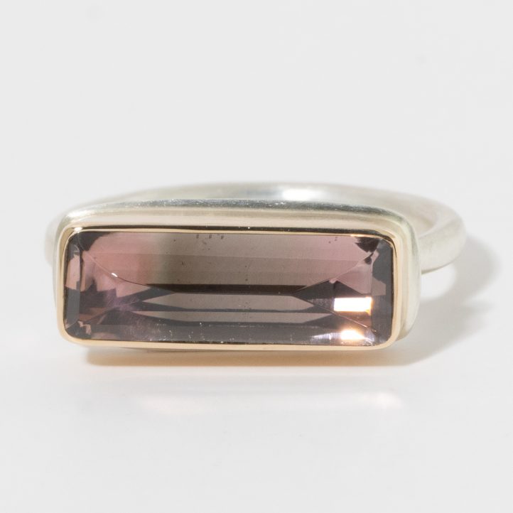 Jamie Joseph: Sterling & 14K Gold Ring w/ Small Rectangular Inverted PINK TOURMALINE on J Band 3/16" x 9/16" 6.5
