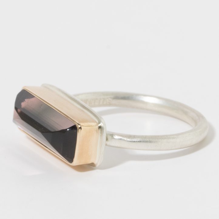 Jamie Joseph: Sterling & 14K Gold Ring w/ Small Rectangular Inverted PINK TOURMALINE on J Band 3/16" x 9/16" 6.5
