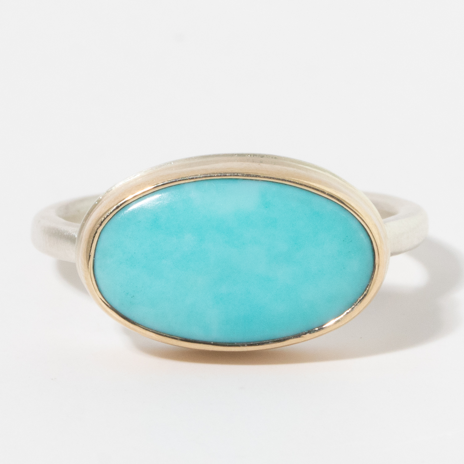 Jamie Joseph: Sterling & 14K Gold Ring w/ Oval Smooth SLEEPING BEAUTY TURQUOISE on J Band 5/16" x 9/16" 7.25